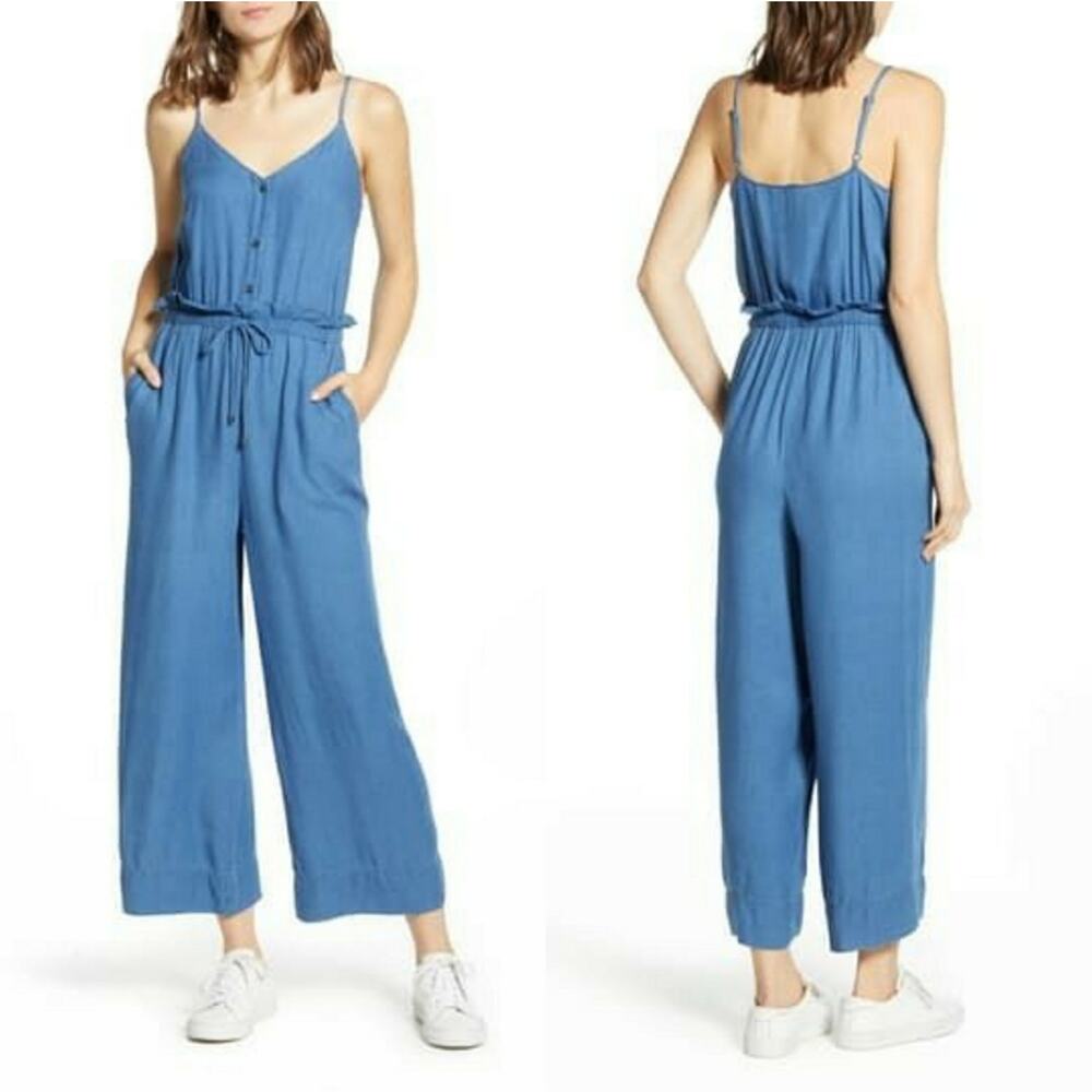 Splendid chambray Paperbag Tie Waist blue Jumpsuit size small - Picture 2 of 9
